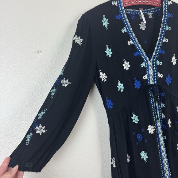 Free People Boho Star Gazer Peasant Babydoll Mini Tunic Dress Black Blue Small - Picture 8 of 16